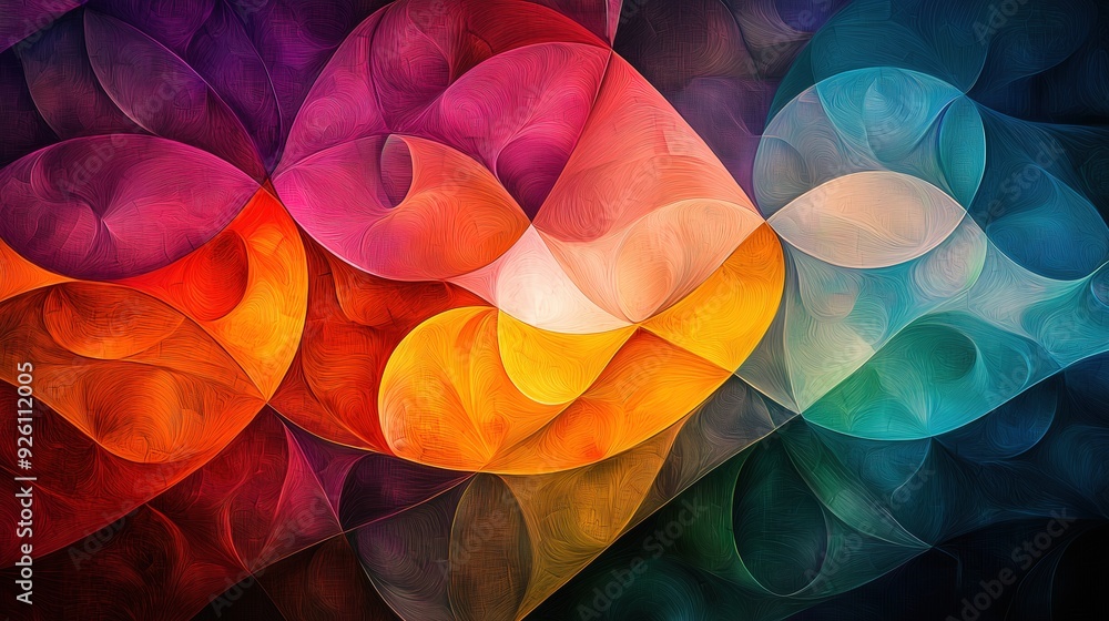 Poster abstract multicolored geometric pattern with vibrant hues, featuring overlapping curved shapes creat