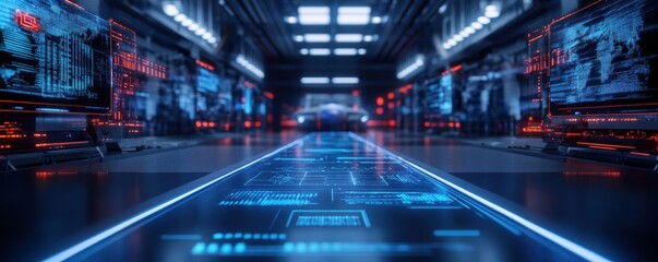 Obraz premium An advanced aerospace factory floor features holographic interfaces displaying economic indicators.