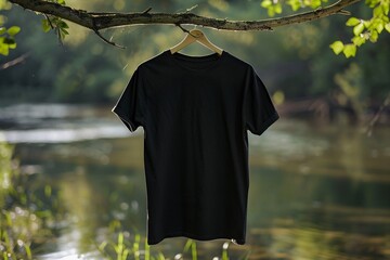 a black t - shirt hanging on a tree branch next to a river
