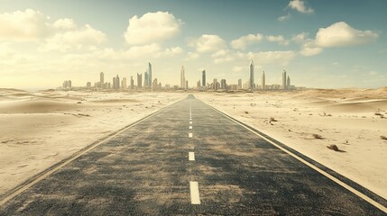 A 3D illustration featuring a winding desert asphalt road under a sky with clouds, giving the impression of an endless journey.