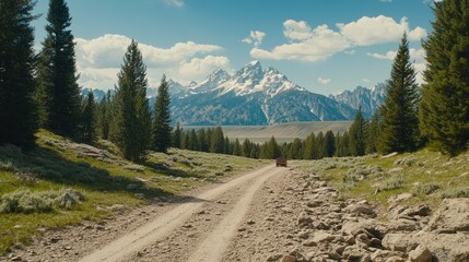 A winding hiking trail leads through rocky terrain and towering pines, revealing the stunning wilderness of Grand Teton National Park beneath a clear blue sky