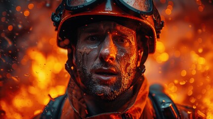 A firefighter stands determined amidst a raging inferno, showcasing bravery and resilience during a challenging rescue operation