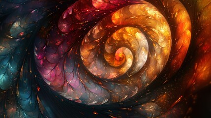 Abstract spiral pattern with vibrant swirls of red, orange, blue, and yellow colors, resembling a mesmerizing fractal artwork.