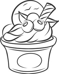 Ice cream bowl icon, doodle soft serve gelato. Funny retro sketch of cold milk dessert served with cookies, berry and mint leaf. Summer food mascot, hand drawn ice cream icon vector illustration