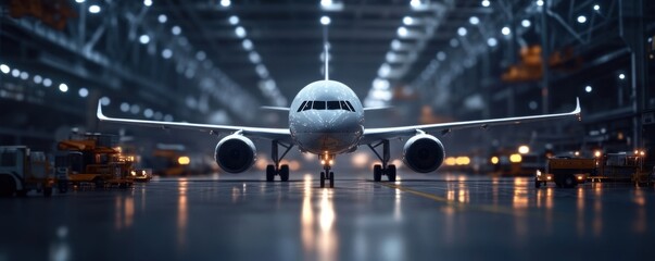 An economic downturn is visualized with grounded aircraft in an industrial setting, symbolizing the challenges faced by the aerospace industry. 