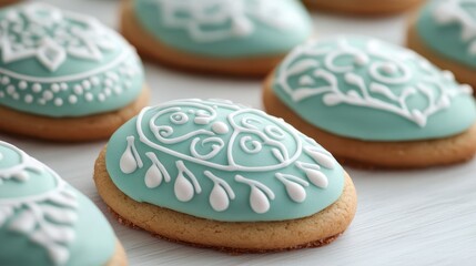 Fototapeta premium Beautifully decorated cookies with detailed icing designs rest on a wooden surface, showcasing their delightful colors and craftsmanship