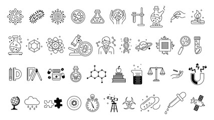 Set of black, white icons representing various science and education themes. The icons are simple line drawings on a white background. Concept of scientific research and learning. Vector illustration