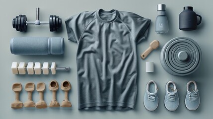 Minimalist eco-friendly workout essentials. top view. Generative AI.