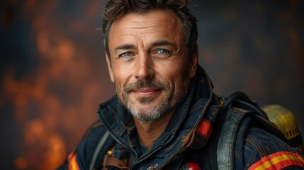Firefighter in safety gear displaying determination against a backdrop of flames and smoke during a firefighting operation