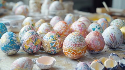 Vibrantly decorated Easter eggs are spread across a crafting table amid artistic tools and egg shells