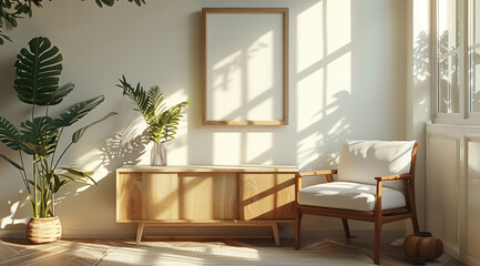 Fototapeta premium A modern interior scene with an armchair, a sideboard, and a large window on a white wall. Sunlight creates soft, patterned shadows from plants in a vase and a poster frame. Generative AI.
