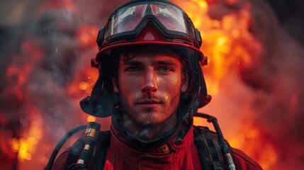 Young firefighter poses confidently against a backdrop of flames during a wildfire response at sunset