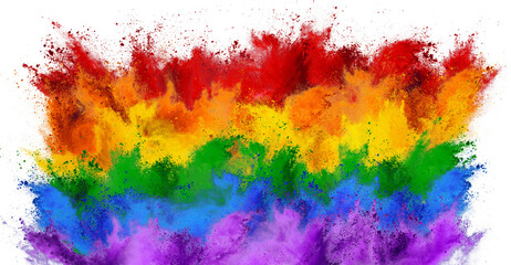 colorful gay pride or lgbt flag with rainbow color holi paint powder explosion isolated white...