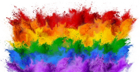 colorful gay pride or lgbt flag with rainbow color holi paint powder explosion isolated white background. free sexuality equal rights and CSD freedom concept.