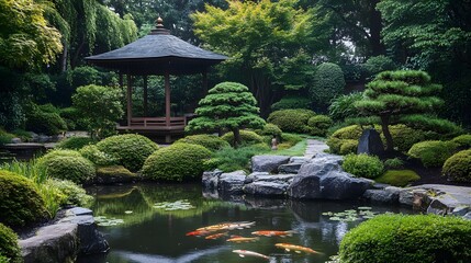 Fototapeta premium 9. A tranquil Japanese garden with a koi pond, a traditional pagoda, and meticulously arranged bonsai trees