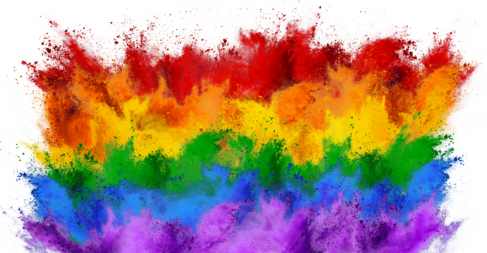 colorful gay pride or lgbt flag with rainbow color holi paint powder explosion isolated white background. free sexuality equal rights and CSD freedom concept.
