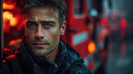 Obraz premium Firefighter stands in the rain near a fire truck during a rescue operation at dusk