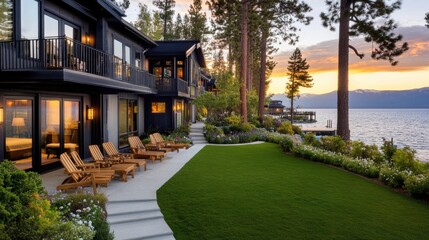 Obraz premium The charming motel features wooden doors, a sunset backdrop over Lake Tahoe, and refreshing greenery lining the pathway in summer