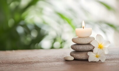 Zen Candle Arrangement with Flowers and Stones, Generative AI