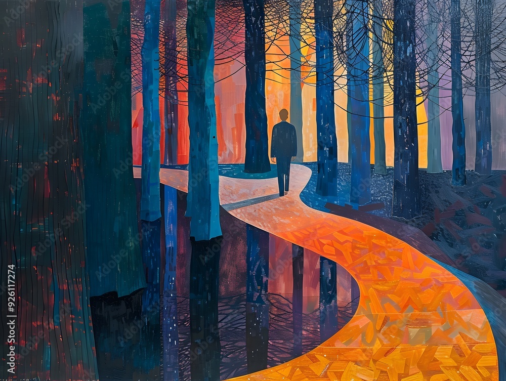 Poster man walking through forest with bright path