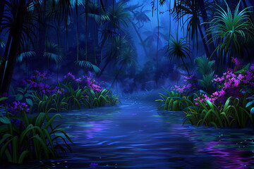 Lush vegetation is surrounding a river running through a jungle by night, digital illustration