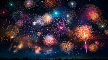 Fototapeta premium Brilliant Fireworks Exploding In The Night Sky Above A City Creating A Dazzling Display Of Color And Light