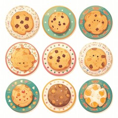 Fototapeta premium Illustration of Nine Cookies on Plates with Different Designs Generated with Ai