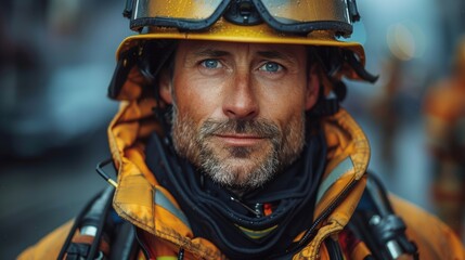 Firefighter in uniform stands confidently in urban setting during a rainy day, showcasing determination and readiness for action