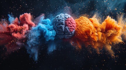 Human brain moving with colorful light gradient effect, abstract on black background. Concept of learning and emotions, resembles complex neural pathways
