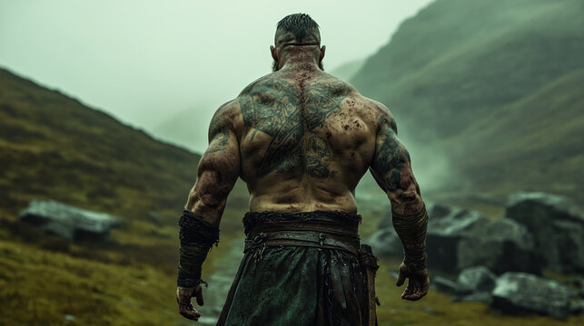 Gallowglass warrior facing away against Celtic landscape
