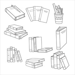 Hand drawing books set. Drawn sketch of literature. School or college students library book illustration vector collection line art.