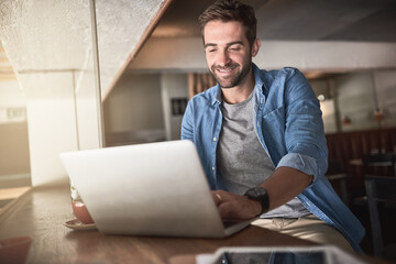 Fototapeta premium Business owner, laptop and online with social media management and update for restaurant. Coffee shop, internet and web content upgrade for cafe website for digital growth of company with tech