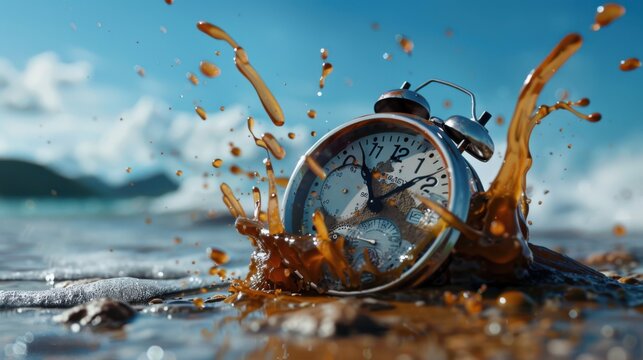 A vintage alarm clock, submerged in foamy coffee on a sun-kissed beach, serves as a poignant reminder of fleeting moments and the urgency of time.
