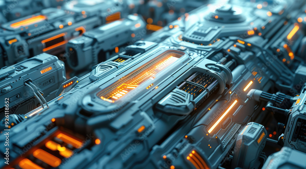 Poster close-up of futuristic precision instruments and machines, with a left tilted composition, diagonal 