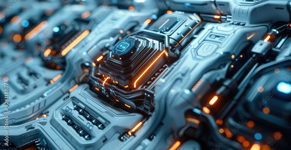 Poster close-up of futuristic precision instruments and machines, with a left tilted composition, diagonal 