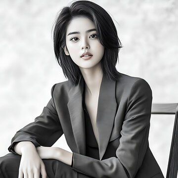 26. Chic Korean model in a blazer, sleek center-parted hair, confident half-smile 