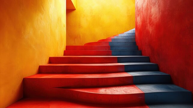 Colorful staircase with red and blue steps in a bright yellow environment during daytime