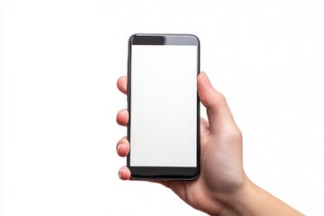 Hand showing smartphone with blank screen isolated on white background with generative ai