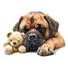 Obraz premium Dog Sleeping with a Teddy Bear Watercolor Painting.