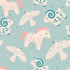 Fototapeta premium Seamless Christmas pattern with vintage toys and decorations. Christmas holiday toys and decor. Animal-shaped decorations, dove, horse, sheep. Trendy modern pattern, hand drawn, flat desi