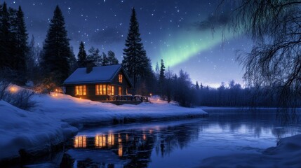Fototapeta premium A cabin in the snow with a fire and aurora lights, AI