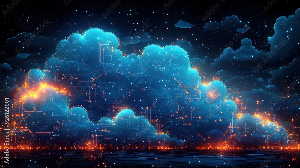 Poster neon cyber clouds: futuristic digital painting of vibrant blue cloud computing with intricate circui