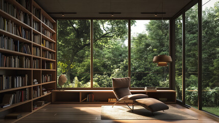 a modern home library with built-in bookshelves, a comfortable reading chair, and large windows for natural light. interior design 