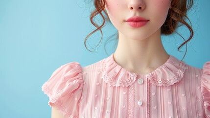 Young woman in a pink blouse with ruffled sleeves against a pale blue background, showcasing a soft and elegant look