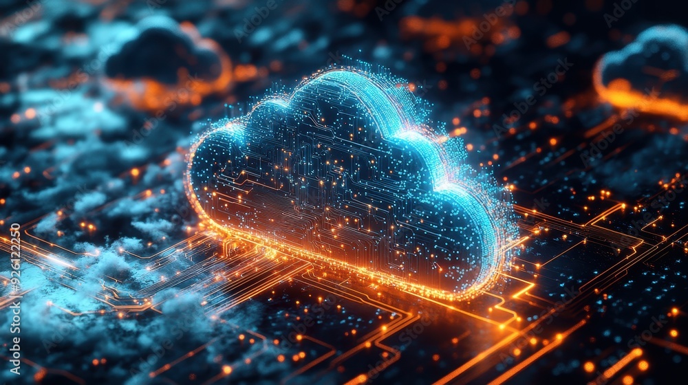 Poster virtual cyberpunk cloud computing network with illuminated blue clouds and detailed circuitry