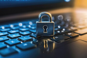 Close-up of a Padlock on a Laptop Keyboard,  Symbol of Online Security