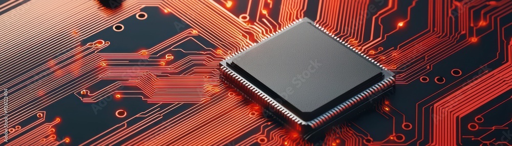 Poster microprocessor against a vibrant circuit board, highlighting technology and innovation in electronic