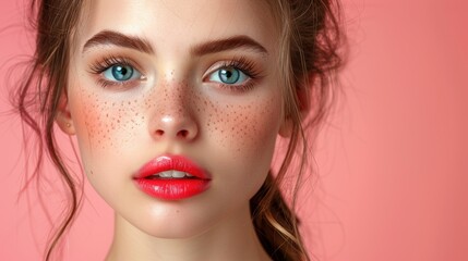 Fototapeta premium A young woman with bright blue eyes and freckles poses against a pink background, showcasing a fresh makeup look during a spring photoshoot