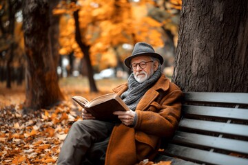 Fototapeta premium Happy elderly man reading a book on a bench in sunny autumn park