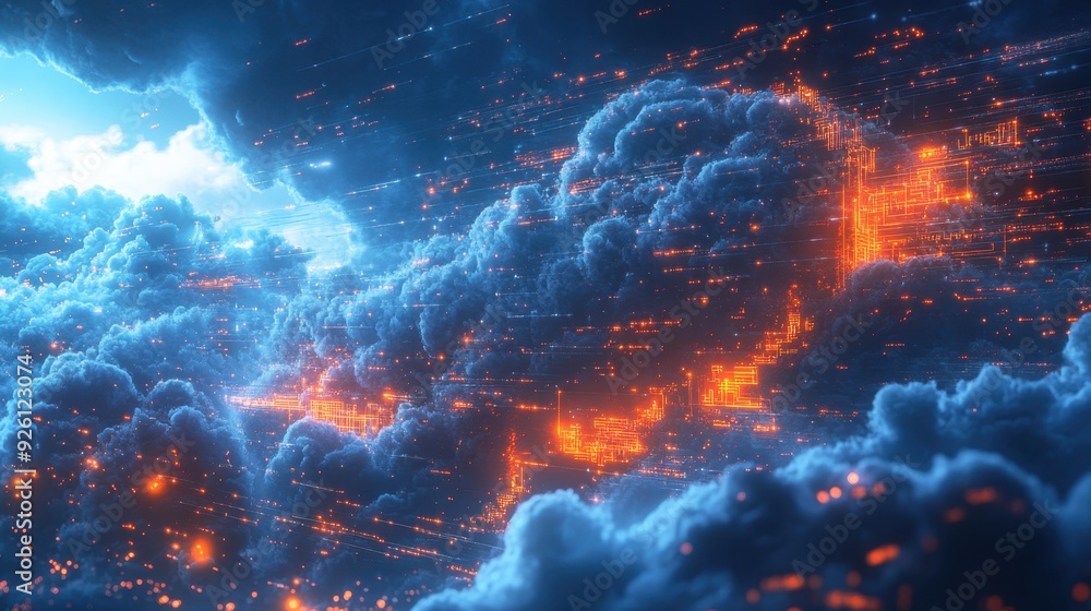 Poster futuristic cloud computing concept with digital blue clouds, dark virtual network, and cyberpunk ele